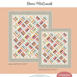 May include: Two quilts with a colorful geometric pattern are displayed. The larger quilt measures 59.5 x 69.5 inches, and the smaller one is 49.5 x 59.5 inches. The quilts are labeled "Blooming" and are expandable. The text "a Quilting Life Designs by Sherri McConnell" is at the top.