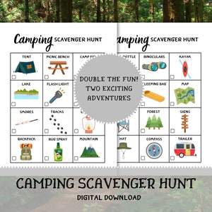 May include: A camping scavenger hunt printable with illustrations of camping items like a tent, binoculars, and a map. The text reads "Double the fun! Two exciting adventures" and "Camping Scavenger Hunt Digital Download."