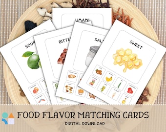 Peut inclure: Cartes d'association des saveurs alimentaires avec des illustrations à l'aquarelle d'aliments représentant les saveurs aigre, amère, salée, sucrée et umami. Les cartes sont disposées sur une assiette en bois avec des herbes et des épices séchées. Le texte "FOOD FLAVOR MATCHING CARDS" et "DIGITAL DOWNLOAD" est visible.