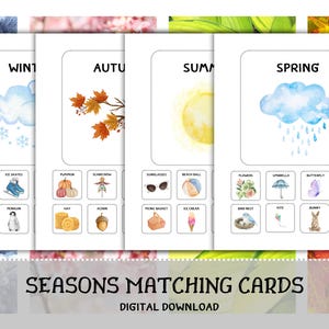 Cartes assorties Quatre saisons | Jeu de tri imprimable pour enfants | Activité d'apprentissage pour les enfants d'âge préscolaire et les tout-petits | Météo Nature Flashcards