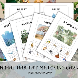 Gioco di abbinamento habitat animali / Attività Montessori sulla natura in velcro / Schede di apprendimento per la scuola materna / Scienza educativa stampabile per i più piccoli