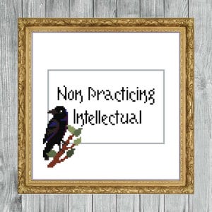 May include: A framed cross-stitch design featuring a black crow perched on a branch, with the words "Non Practicing Intellectual" in black text. The artwork is set against a white background and framed in a gold-colored ornate frame.