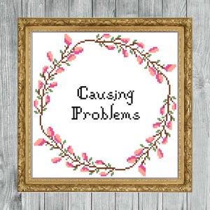 May include: A framed cross-stitch artwork with the words "Causing Problems" in black text. The text is surrounded by a wreath of pink and green floral elements. The frame is gold.