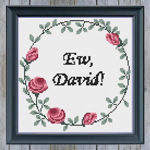 May include: Cross-stitch embroidery featuring a floral wreath and the text "Ew, David!" in black lettering.