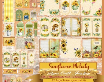 JK-1024 TJ Sunflower Melody, Travel Journal Kit, Junk Journal, Journal Pages, tags, ephemera, sunflowers, journal cards,DIY journal kit