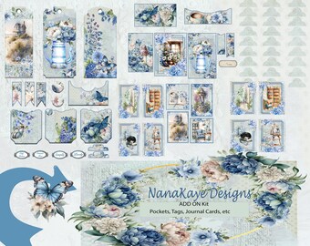 May include: A digital scrapbooking kit featuring blue and white floral designs, butterflies, and a selection of tags, pockets, and journal cards. The kit is titled "NanaKaye Designs ADD ON Kit" and includes the text "Pockets, Tags, Journal Cards, etc."