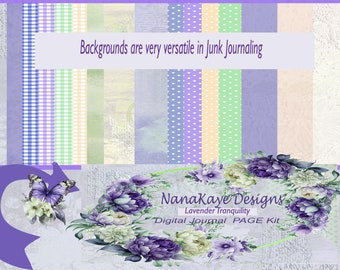 May include: A digital journal page kit featuring a purple, white and green floral design. The text "Nanakaye Designs" and "Lavender Tranquility" is featured on the image. The text "Digital Journal PAGE Kit" is also featured on the image.