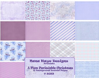 May include: A digital collage of 15 different patterned paper designs in shades of purple, blue, and white. The papers are arranged in a grid and feature various patterns, including floral, plaid, striped, and textured. The text "Nana Kaye Designs Presents A Plum Periwinkle Christmas 15 Background Journal Pages © 2023" is displayed at the bottom of the collage.