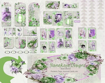 May include: A digital scrapbooking kit featuring a green and purple floral design. The kit includes tags, pockets, journal cards, and other embellishments. The kit is ideal for adding a touch of elegance to your scrapbooking projects.