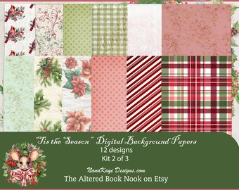 May include: A set of 12 digital background papers with a Christmas theme. The papers feature various patterns including plaid, polka dots, stripes, and floral designs in red, green, and white.