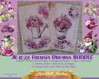 May include: A digital paper pack with a fuchsia theme. The pack includes 30 base journal pages, 24 background pages, 13 tags, 1 belly band, 1 window pocket, 1 sheet of fussy cut images, 13 journal cards, and 5 sheets of mini pages. The pack is titled "JK-1026 Fuchsia Dreams Bundle".