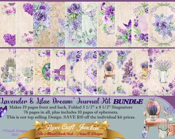 May include: A digital printable journal kit with a lavender and lilac theme. The kit includes 19 pages front and back, folded to 5 1/2 inches by 8 1/2 inches, for a total of 76 pages. The kit also includes 10 pages of ephemera. The kit features a variety of images, including lavender flowers, butterflies, and a vintage chair.