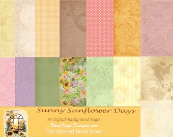 May include: A digital collage of 14 sunflower themed background pages in various colours and patterns. The pages include gingham, polka dots, floral, and vintage textures. The text "Sunny Sunflower Days" and "14 Digital Background Pages" is displayed on the bottom of the collage.
