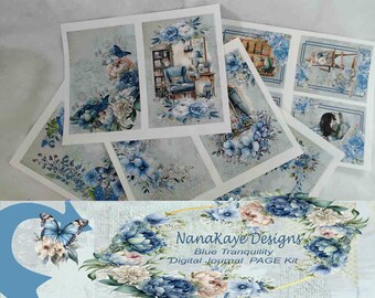 May include: A digital journal page kit featuring a blue and white floral design. The kit includes a variety of images, such as a floral border, a butterfly, and a room with a chair and a table. The text "NanaKaye Designs" and "Blue Tranquility Digital Journal PAGE Kit" is included in the design.
