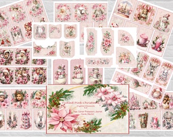 May include: A digital scrapbook kit featuring pink and white Christmas themed images. The kit includes tags, corner protectors, journal cards, and clip art. The images depict snowmen, reindeer, poinsettias, and other wintery elements.