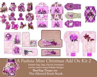 May include: A digital collection of Christmas-themed clip art and paper ephemera in fuchsia and mint tones. The set includes tags, envelopes, and decorative elements such as poinsettias, candles, and teddy bears. The image text reads "A Fushsia Mint Christmas Add On Kit 2".