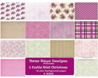May include: A selection of 12 background pages featuring diverse patterns such as floral, plaid, polka dots, and stripes, in fuchsia, mint, and brown hues. The text "A Fushia Mint Christmas" is presented on a purple banner.