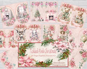 May include: A digital journal kit with 30 pages featuring a pink and green Christmas theme. The kit includes images of a fireplace, a Christmas tree, a deer, a mouse, a snowman, a girl, and ornaments. The text "Tickled Pink Christmas" and "30 Page Digital Journal Kit" is displayed on the cover.