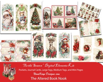 May include: A digital scrapbooking kit with a Christmas theme. The kit includes images of Santa Claus, a bunny rabbit, a Christmas tree, a deer, a teddy bear, and a variety of other Christmas-themed elements. The kit also includes several different sizes of tags, journal cards, and mini pages. The text "Tis the Season" Digital Elements Kit is included in the image.