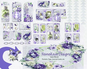 May include: Purple and white floral digital scrapbook paper with butterflies, windows, and a watering can. The paper is designed for crafting and includes pockets, tags, journal cards, and other elements. NanaKaye Designs ADD ON Kit.