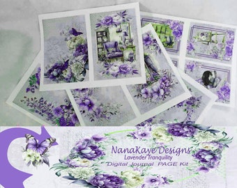 May include: Digital journal page kit featuring a lavender and white floral theme. The kit includes 8 pages with various designs featuring flowers, a chair, a window, and a book.
