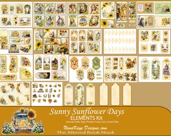 May include: A digital scrapbook kit with a sunflower theme. The kit includes journal cards, tags, pockets, fussy cuts, and corner tabs. The kit features a vintage aesthetic with sunflowers, butterflies, and other floral elements.