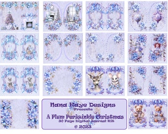 May include: A digital scrapbooking kit with a purple and blue colour scheme featuring a variety of winter and Christmas themed images. The kit includes images of a Christmas tree, a fireplace, a snowman, a deer, a mouse, a teddy bear, and more. The kit is titled "A Plum Periwinkle Christmas" and includes 30 pages.