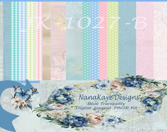 May include: Digital journal page kit featuring a blue, green and pink colour scheme. The kit includes a variety of patterned papers, including gingham, polka dots and stripes. The kit also includes a floral design with a butterfly.