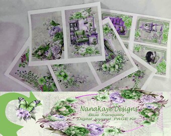 May include: A digital journal page kit featuring a floral theme. The kit includes images of flowers, butterflies, and a chair in a room. The text "NanaKaye Designs Blue Tranquility Digital Journal PAGE Kit" is visible in the image.