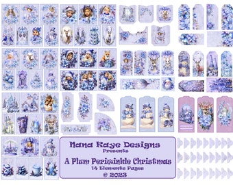 May include: A digital paper pack with a winter theme featuring a variety of images in shades of blue and purple. The images include snowmen, deer, a clock, a lantern, a snow globe, a cup of tea, a candle, and a variety of floral designs. The text "Nana Kaye Designs Presents A Plum Periwinkle Christmas 14 Elements Pages © 2023" is included in the image.