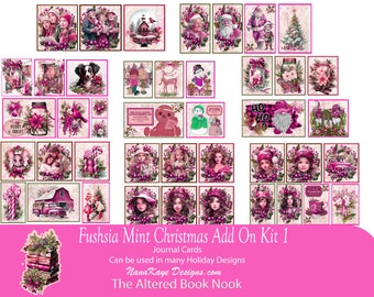 May include: Fuchsia and mint green Christmas digital clipart add-on kit with 30 images. The images include a variety of Christmas themes, such as snowmen, Santa Claus, Christmas trees, and gingerbread houses. The images are perfect for creating cards, scrapbook pages, and other crafts.