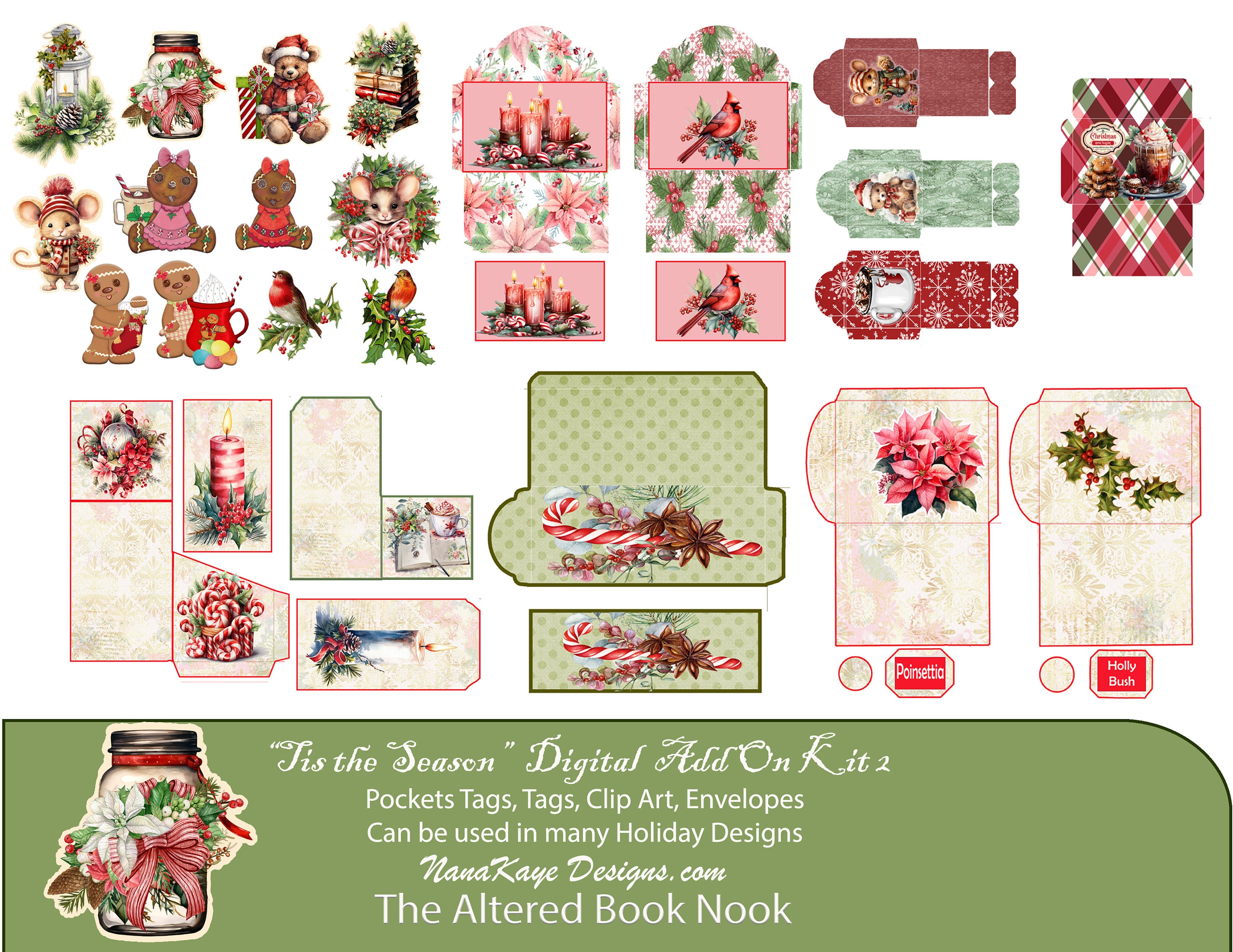 Tis the Season" Add on Kit 2, Pockets, Christmas Clip Art, Holiday Envelopes, Journal Elements.