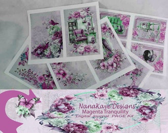 May include: A set of digital journal page kit prints with floral and butterfly designs in pink, purple, and green hues. The prints depict interior scenes with furniture and decorative elements. The text reads "NanaKaye Designs Magenta Tranquility Digital Journal PAGE Kit."