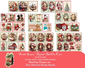 May include: A digital download kit of 30 Christmas themed journal cards featuring images of snowmen, Father Christmas, Christmas trees, and other festive imagery. The kit is titled "Tis the Season" Digital Add On Kit 1. Journal Cards. Can be used in many Holiday Designs. Nana Kaye Designs.com The Altered Book Nook.