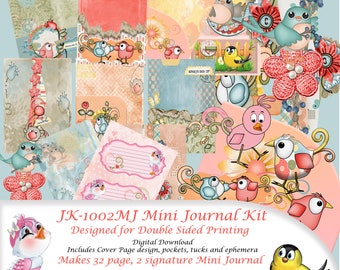 DJK-1016-MJ Mini Journal Kit, Junk Journal, Birds, Ephemera. DIY, Printable Journal Pages