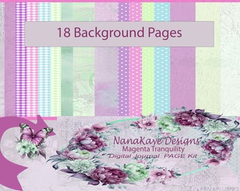 May include: A digital journal page kit featuring 18 background pages in a range of patterns, including gingham, polka dots, and stripes. The kit is named "Magenta Tranquility" and is designed by NanaKaye Designs.