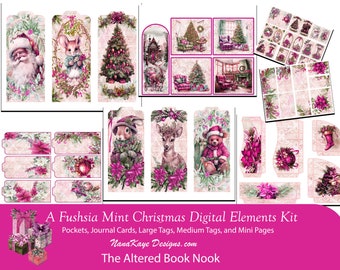 May include: A digital scrapbooking kit with a Christmas theme featuring a variety of images including a Santa Claus, a deer, a teddy bear, a rabbit, a Christmas tree, and a poinsettia. The kit includes pockets, journal cards, large tags, medium tags, and mini pages. The kit is designed in a pink and green colour scheme.