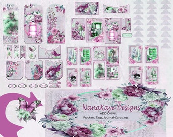 May include: A digital collage sheet featuring a floral theme. The sheet includes various images, such as flowers, butterflies, windows, and birds. The sheet is designed for scrapbooking, card making, and other paper crafts. The text "NanaKaye Designs ADD ON Kit Pockets, Tags, Journal Cards, etc." is included on the sheet.