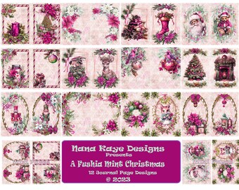 May include: A digital collage sheet with 12 printable journal page designs featuring a Fuschia Mint Christmas theme. The designs include images of a Christmas tree, Santa Claus, a nutcracker, a deer, a bird, a wreath, a stocking, a fireplace, and other festive elements.