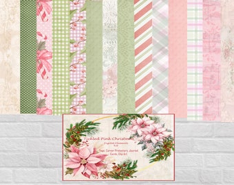 May include: A digital paper pack featuring 12 different patterns in pink and green. The patterns include polka dots, stripes, plaid, and floral designs. The paper pack is titled "Tickled Pink Christmas" and includes digital elements for tags, corner protectors, journals, cards, and clip art.