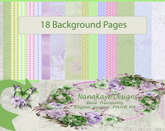 May include: A digital journal page kit with 18 background pages. The kit features a green, white and pink gingham pattern, a light blue and white polka dot pattern, and a light green and white polka dot pattern. The kit also includes a floral design with green succulents and purple flowers. The text "NanaKaye Designs" and "Blue Tranquility Digital Journal PAGE Kit" is included in the image.