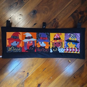 Spooky Halloween witches wall hanging or table runner quilted mixed materials vinyl cotton