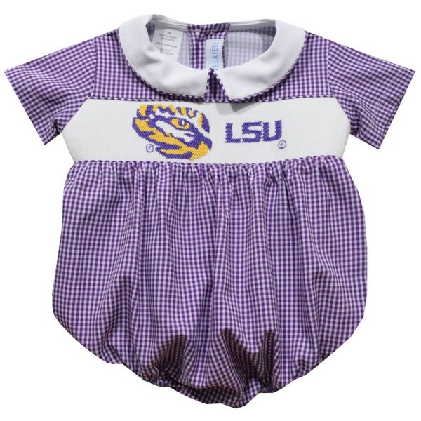 Preorders Only-LSU Tigers Smocked Purple Gingham Short Sleeve Boys Bubble