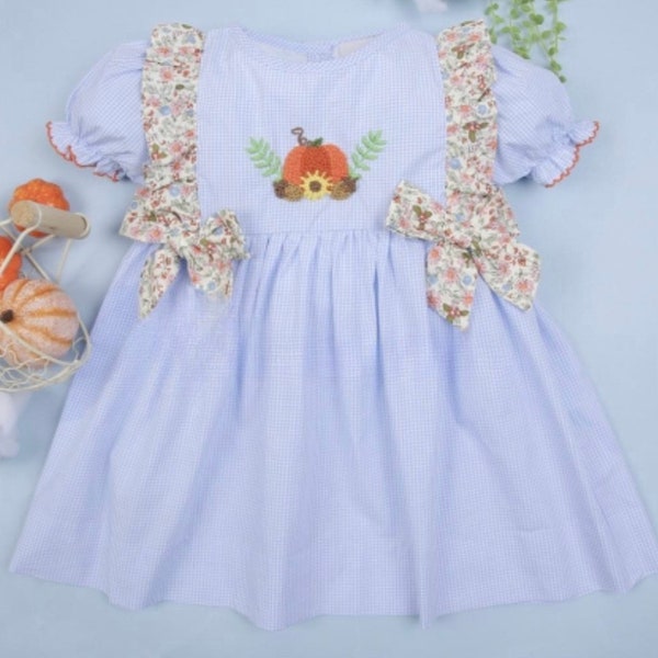 Sophie & Lucas Girls Pumpkin Embroidery Ruffle Dress - White with Orange