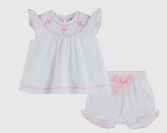 White and Pink Cross Smocked Dress and Bloomer Set