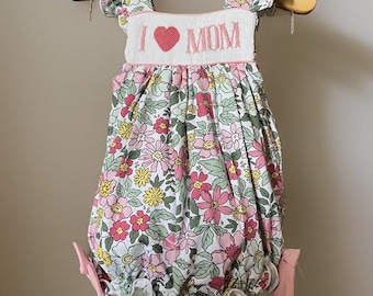 Ready to ship-I Love Mom Smocked Floral Girl Bubble