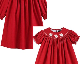 Red and White Santa Smocked Bishop Dress-size chart attached with pictures