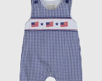 Royal Blue Gingham American Flag Smocked Shortalls