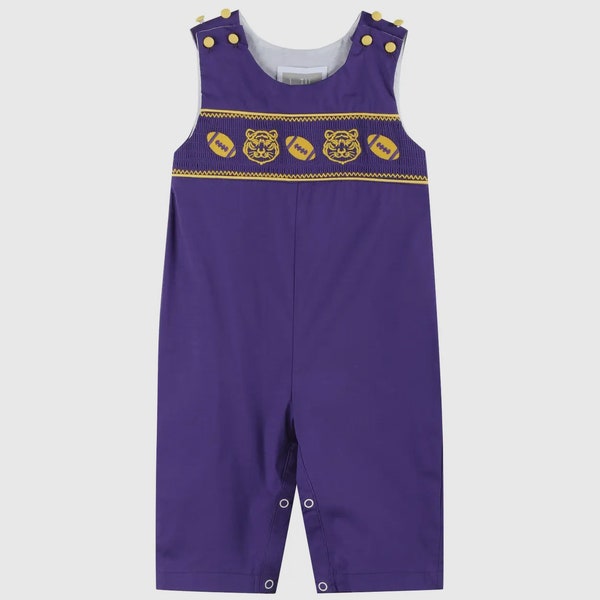 Preorder ETA 7/15-8/15-Purple and Gold Football Tiger Smocked Overalls