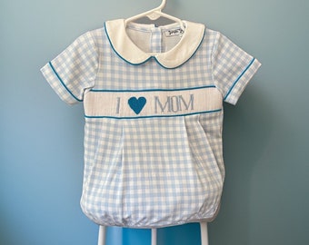 Ready to ship-I Love Mom Light Blue Gingham Smocked Boy Bubble